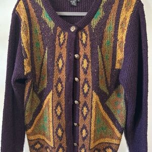 Vintage Wilroy Geometric Patterned Purple and Gold Cardigan